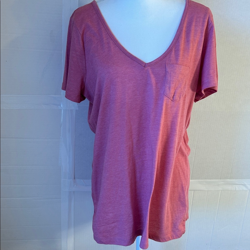 Maurice’s Womens V-Neck Twisted Tie Open Back Pocket Pink Tee Sz 1